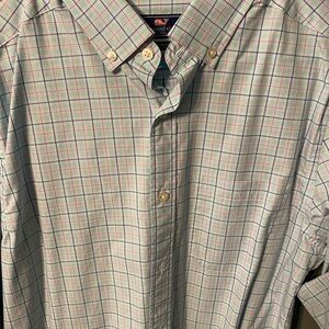 Vineyard Vines Men's Green and Pink Plaid Shirt